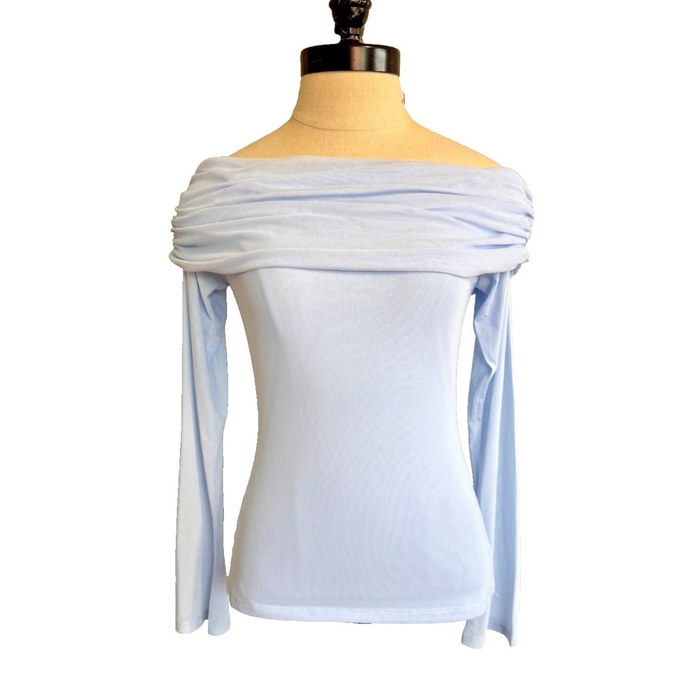 NWT Mixology Gab & Kate JULES Mesh Off-Shoulder Top Medium Powder Light Blue